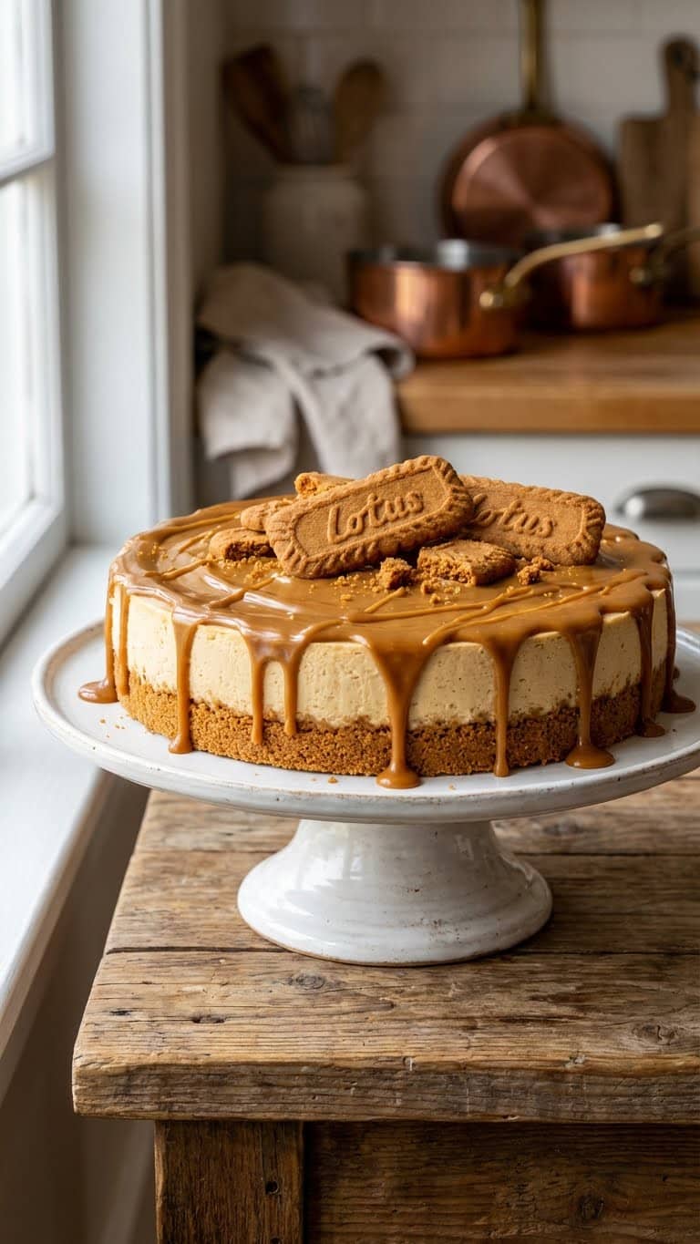 Whole no-bake Biscoff Caramel Cookie Butter Cheesecake on a cake stand topped with melted cookie butter, salted caramel drizzle, and Lotus cookies.