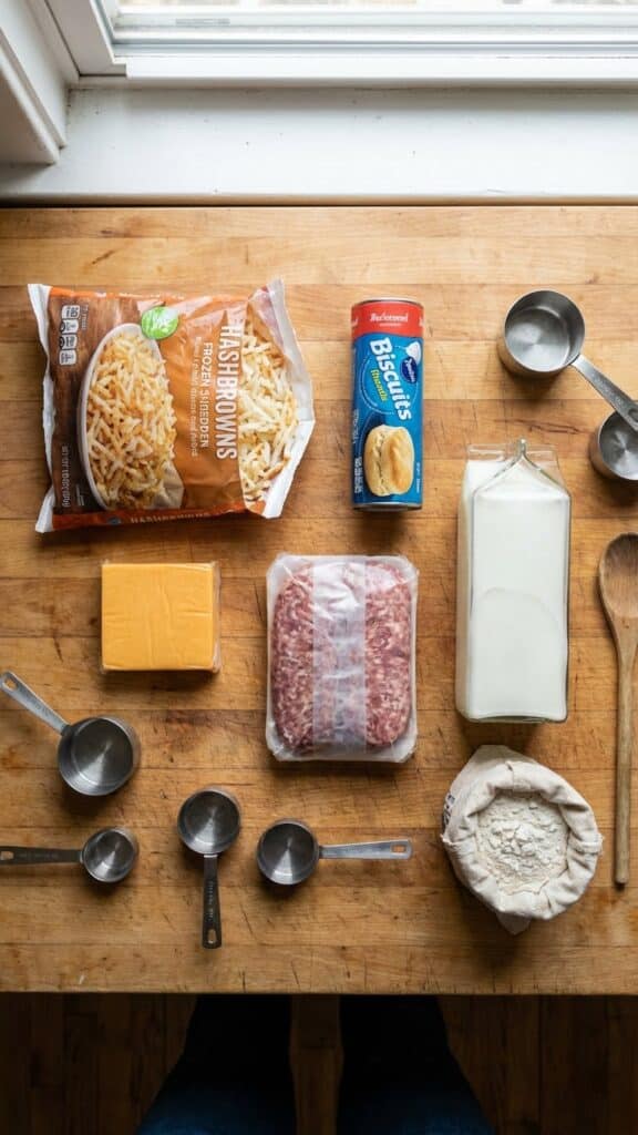 Flat lay of ingredients for biscuit and gravy casserole including sausage, hashbrowns, and canned biscuits.