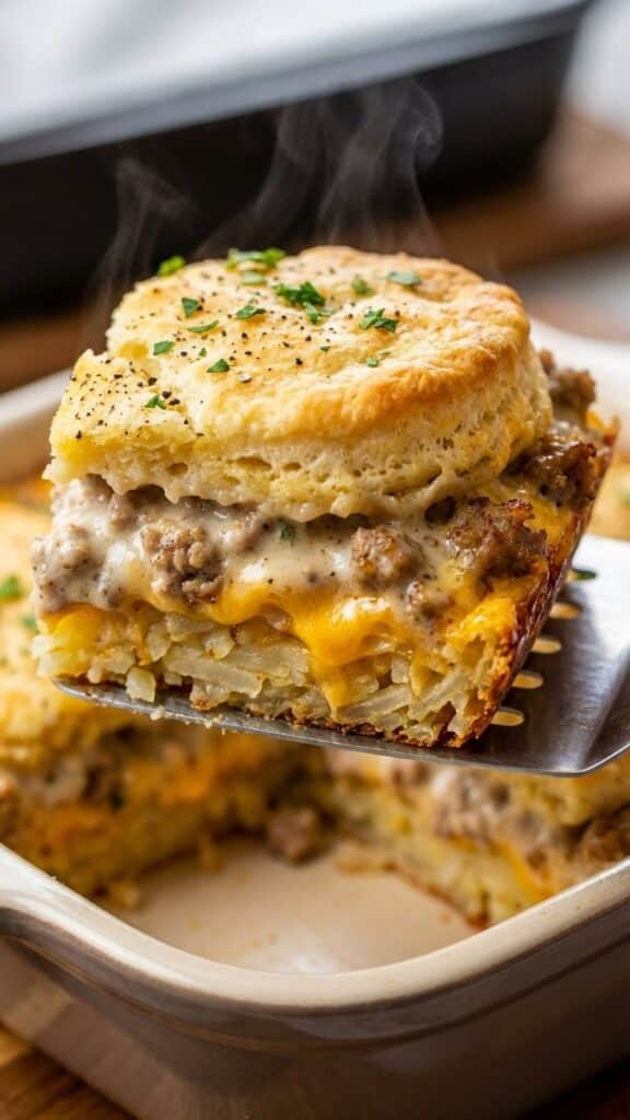 Close-up of a serving of biscuit and gravy casserole showing the hashbrown layer.
