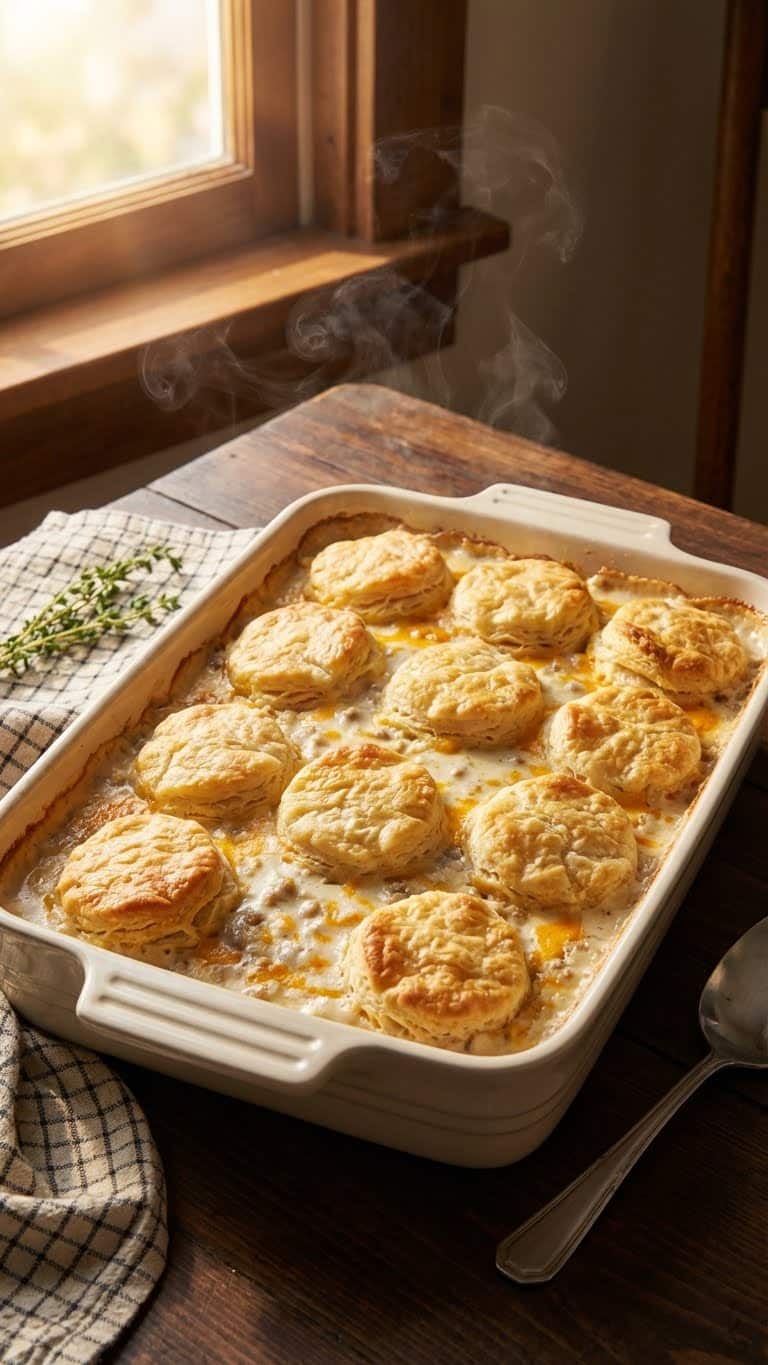 A 9x13 casserole dish filled with biscuits, sausage gravy, and hashbrowns.