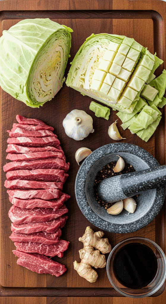 Raw ingredients for beef stir fry including sliced flank steak, chopped cabbage, black peppercorns, and soy sauce.