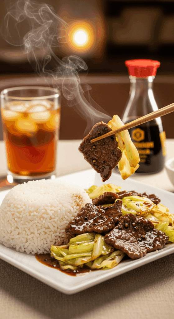 Plated Black Pepper Beef and Cabbage served with jasmine rice and chopsticks