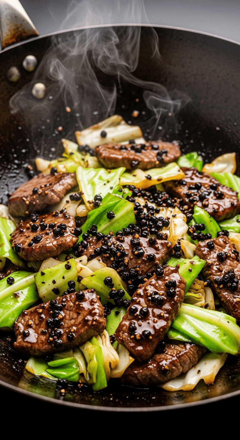 Close-up of Black Pepper Beef and Cabbage stir fry in a wok, showing glossy sauce and coarse pepper specks.