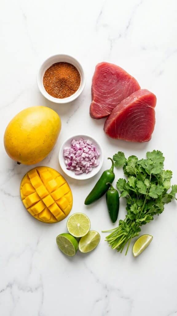Overhead view of ingredients for the recipe: raw tuna steaks, blackening spices, fresh mangoes, red onion, jalapeños, cilantro, and limes on a marble counter.