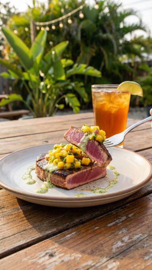 A plate of blackened tuna and mango salsa on an outdoor patio table, with a fork lifting a bite of tuna and salsa, set against a tropical background.