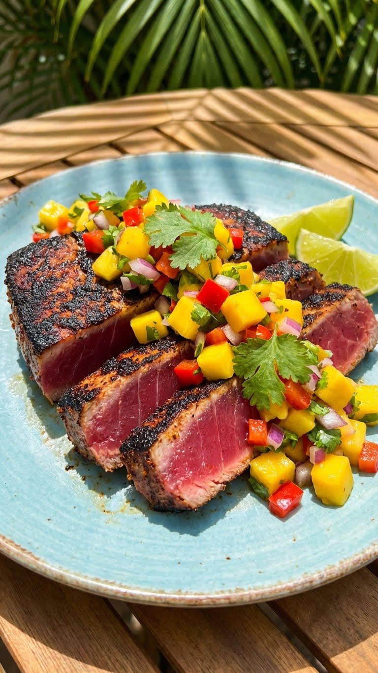 A close-up photograph of sliced blackened tuna steaks with a rare interior, topped generously with vibrant mango and red pepper salsa on a plate.