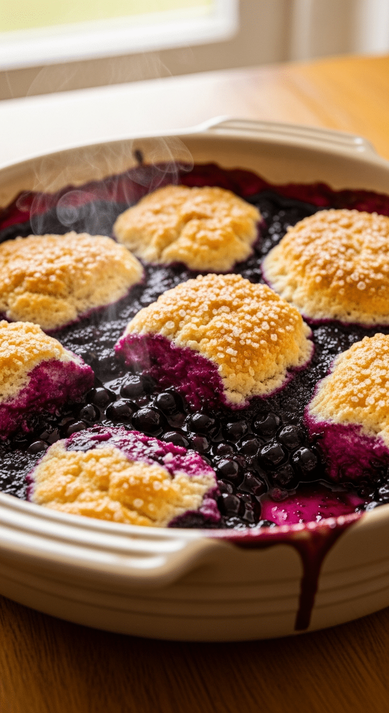 A close-up photograph of a hot, bubbling blueberry cobbler in a ceramic dish with a golden-brown biscuit topping and steam rising.