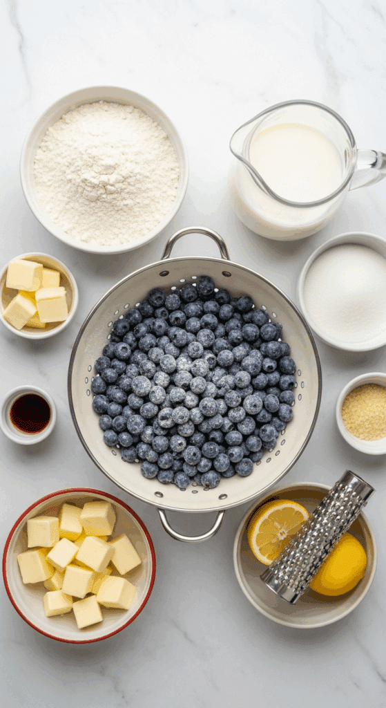 Overhead view of ingredients for blueberry cobbler: a large colander of fresh blueberries surrounded by flour, sugar, butter, buttermilk, and lemon on a marble surface.