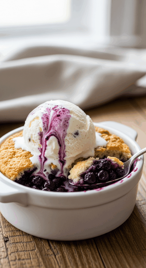 A bowl of warm blueberry cobbler topped with a melting scoop of vanilla ice cream, served in a cozy setting with a spoon lifting a bite.
