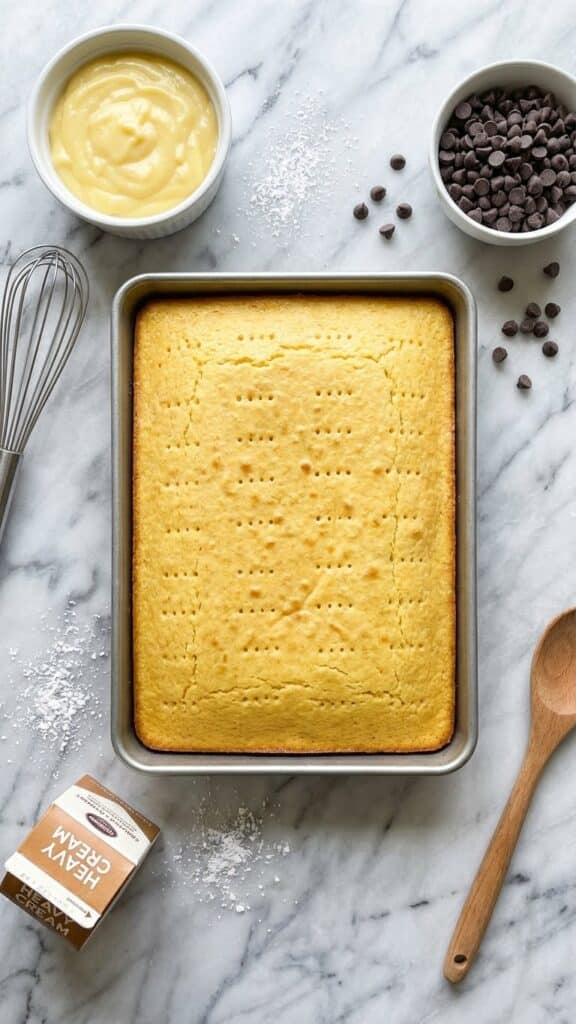 Overhead view of ingredients for Boston Cream Poke Cake, including a baked cake with holes, a bowl of vanilla pudding, and chocolate chips on marble.