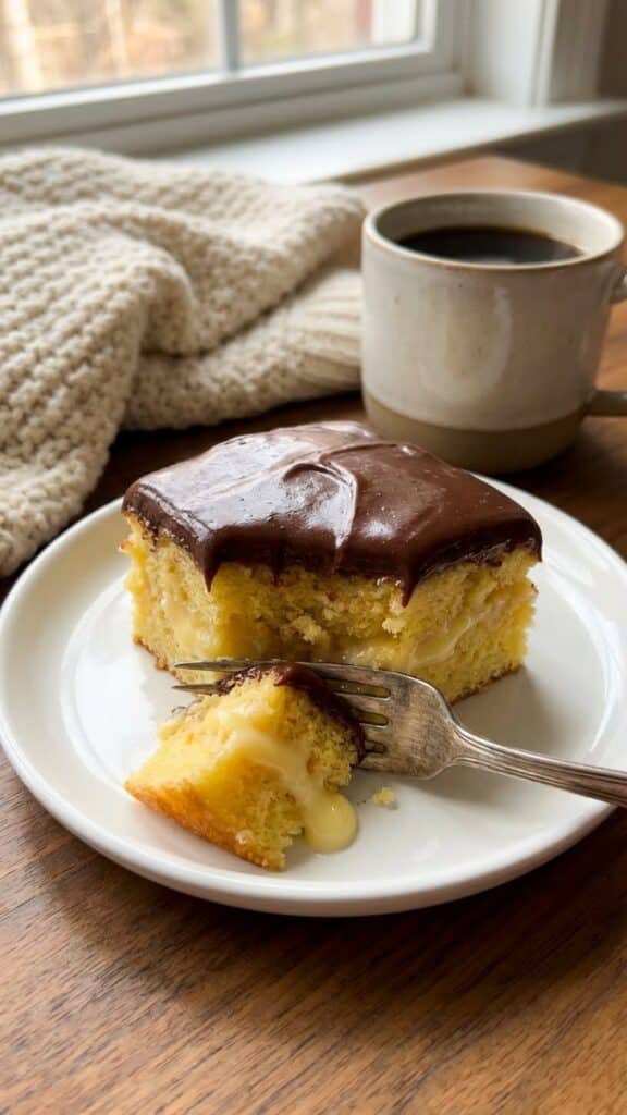 fork taking a bite from a slice of Boston Cream Poke Cake, revealing the pudding-soaked yellow cake and chocolate topping.