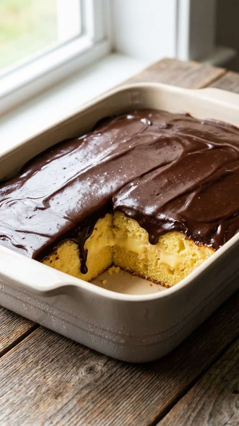 Whole Boston Cream Poke Cake in a baking dish with a slice cut out, showing yellow cake filled with vanilla pudding and topped with chocolate ganache.