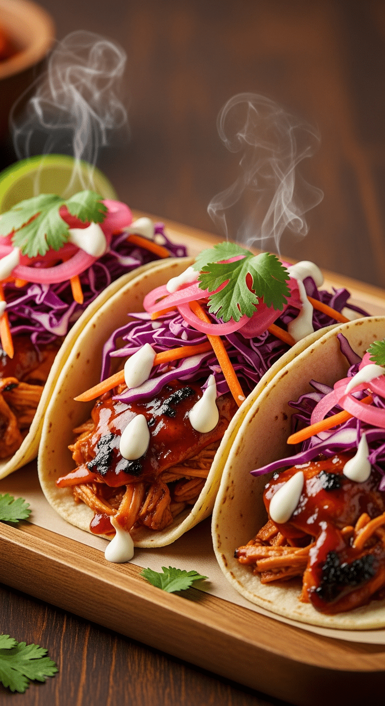 A close-up photograph of three shredded chicken tacos coated in glossy bourbon BBQ sauce, topped with colorful slaw, pickled onions, and cilantro on a wooden board.