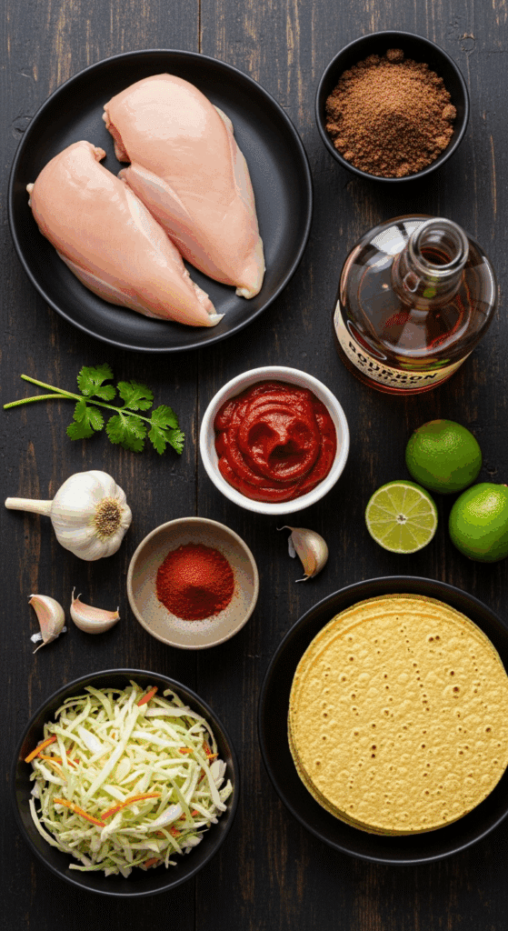 Overhead view of ingredients for bourbon BBQ tacos: raw chicken, a bottle of bourbon, brown sugar, spices, limes, tortillas, and cabbage on a wooden table.