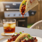 A hand lifting a saucy bourbon BBQ chicken taco from a plate on a sunny patio table, with a cold drink and grill in the background.