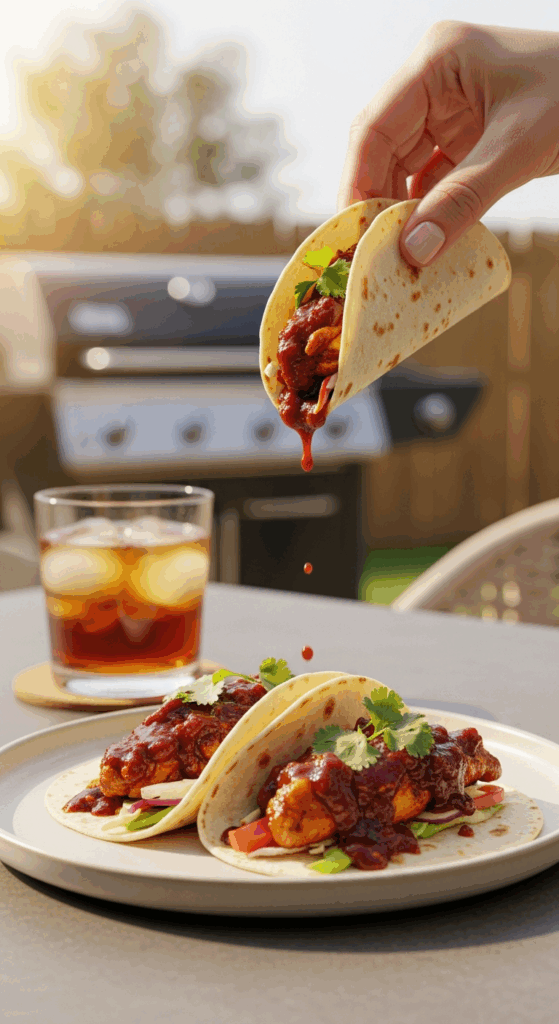 A hand lifting a saucy bourbon BBQ chicken taco from a plate on a sunny patio table, with a cold drink and grill in the background.