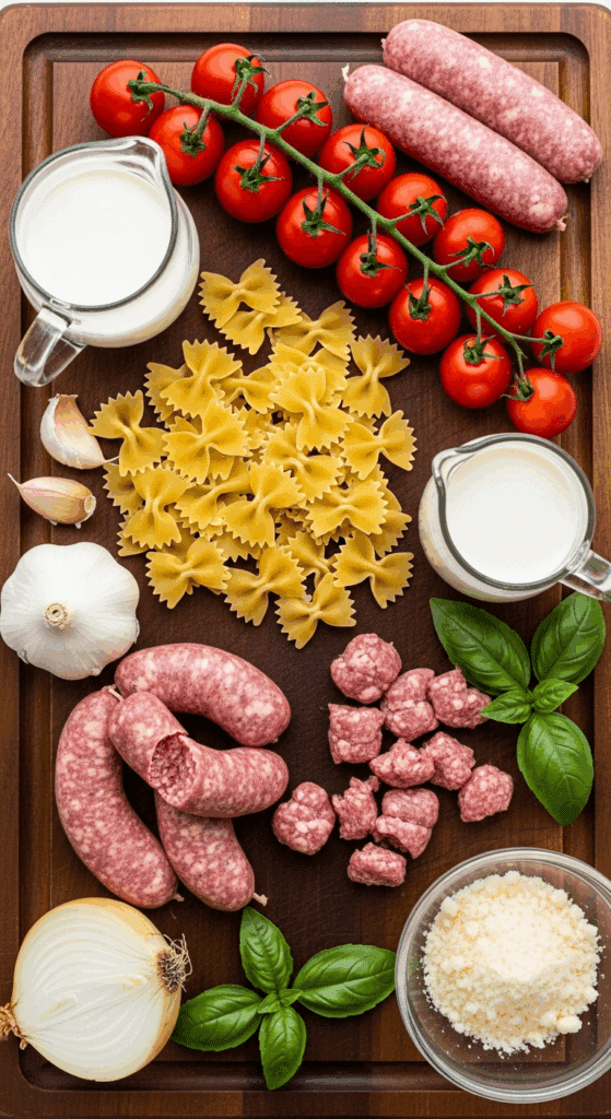 Overhead view of ingredients for the pasta dish: dry bow ties, raw sausage, cherry tomatoes, heavy cream, aromatics, and cheese arranged on a wooden board.