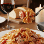 A plate of creamy sausage and tomato bow tie pasta in a cozy dinner setting, with a fork lifting a saucy bite.