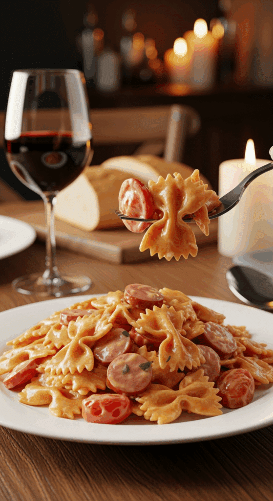 A plate of creamy sausage and tomato bow tie pasta in a cozy dinner setting, with a fork lifting a saucy bite.