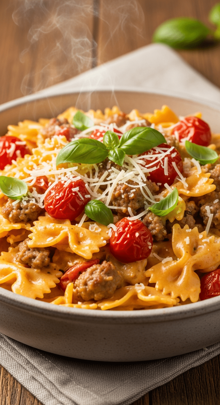 A large bowl of creamy bow tie pasta with browned sausage crumbles, blistered tomatoes, and fresh basil, with steam rising.
