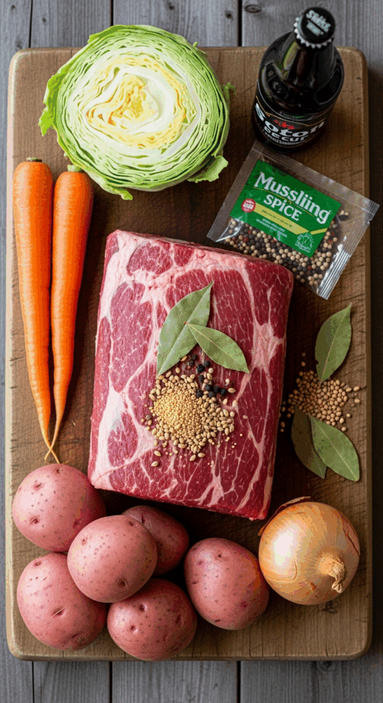 Raw ingredients for corned beef including the brisket, pickling spices, cabbage, carrots, potatoes, and stout beer on a wooden board.