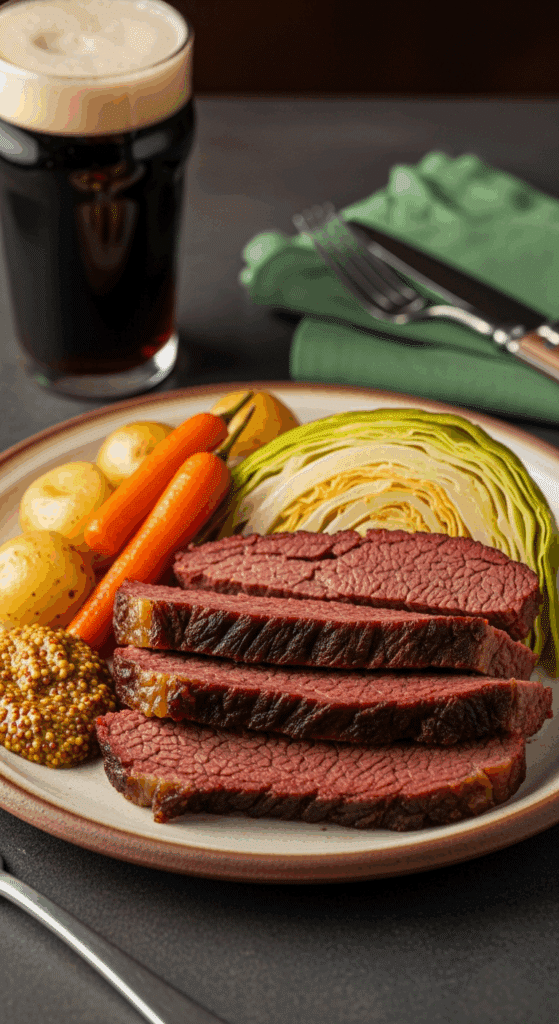 Plated Braised Corned Beef Brisket slices with vegetables, mustard, and a pint of stout beer in a cozy setting.