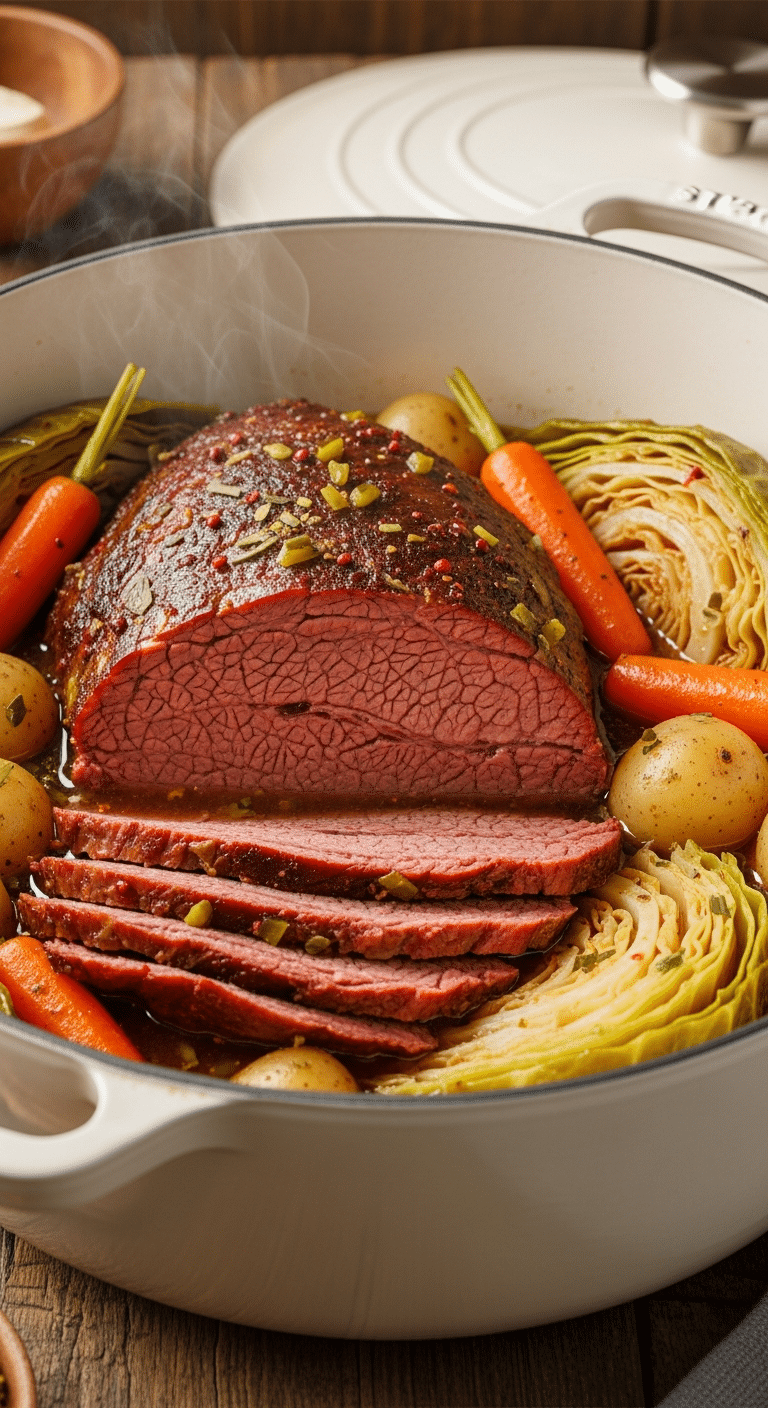 Close-up of braised corned beef brisket sliced in a Dutch oven, surrounded by carrots, potatoes, cabbage, and rich broth.