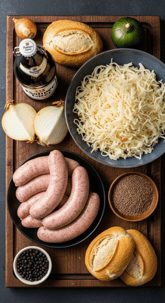 Overhead view of ingredients for brats and sauerkraut: raw brats, a bowl of sauerkraut, onions, beer, spices, and buns arranged on a wooden board.