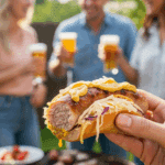 A hand holding a bite-taken grilled bratwurst with sauerkraut and mustard at a sunny outdoor barbecue with friends in the background.