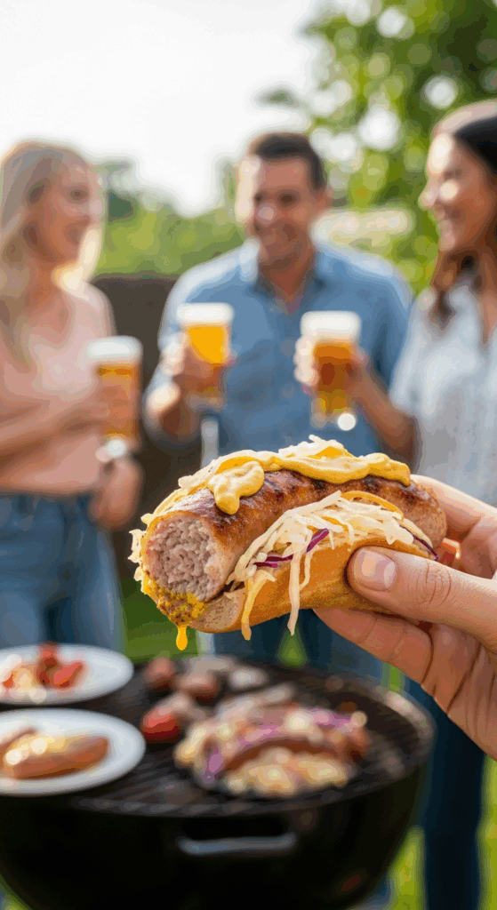 A hand holding a bite-taken grilled bratwurst with sauerkraut and mustard at a sunny outdoor barbecue with friends in the background.