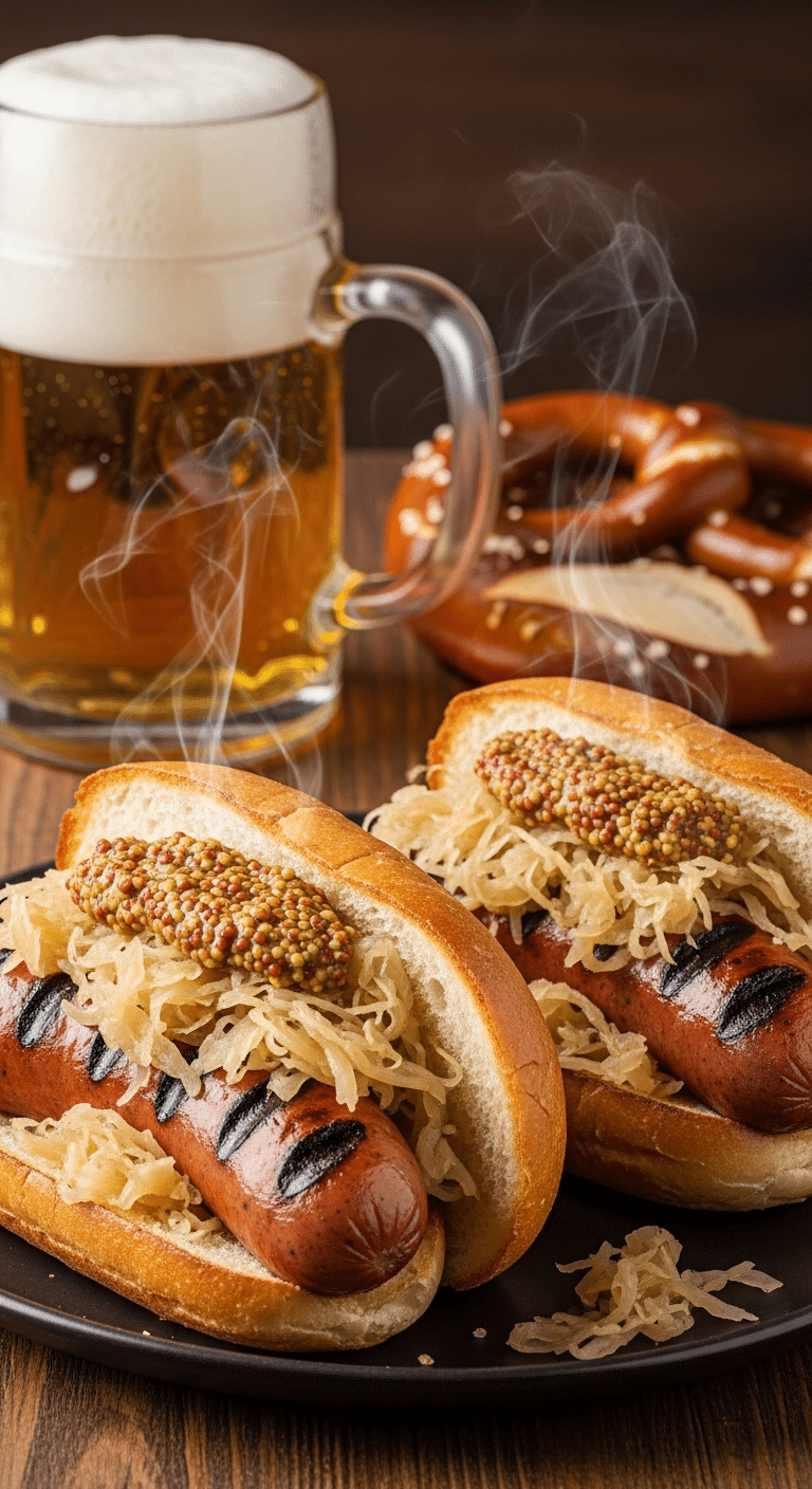Grilled bratwursts in toasted buns, topped with braised sauerkraut and stone-ground mustard, served on a wooden table with a beer in the background.