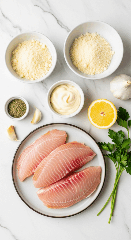Raw ingredients for Tilapia Parmesan including fresh fish, grated cheese, mayonnaise, lemon, and herbs laid out on a counter.
