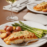 Plated Broiled Tilapia Parmesan served with roasted asparagus and potatoes at a dinner table.