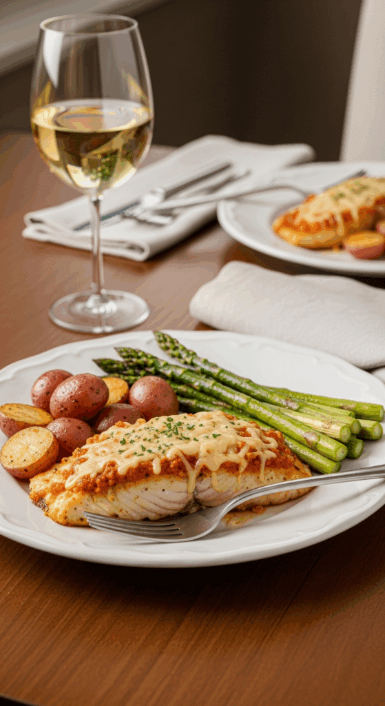 Plated Broiled Tilapia Parmesan served with roasted asparagus and potatoes at a dinner table.