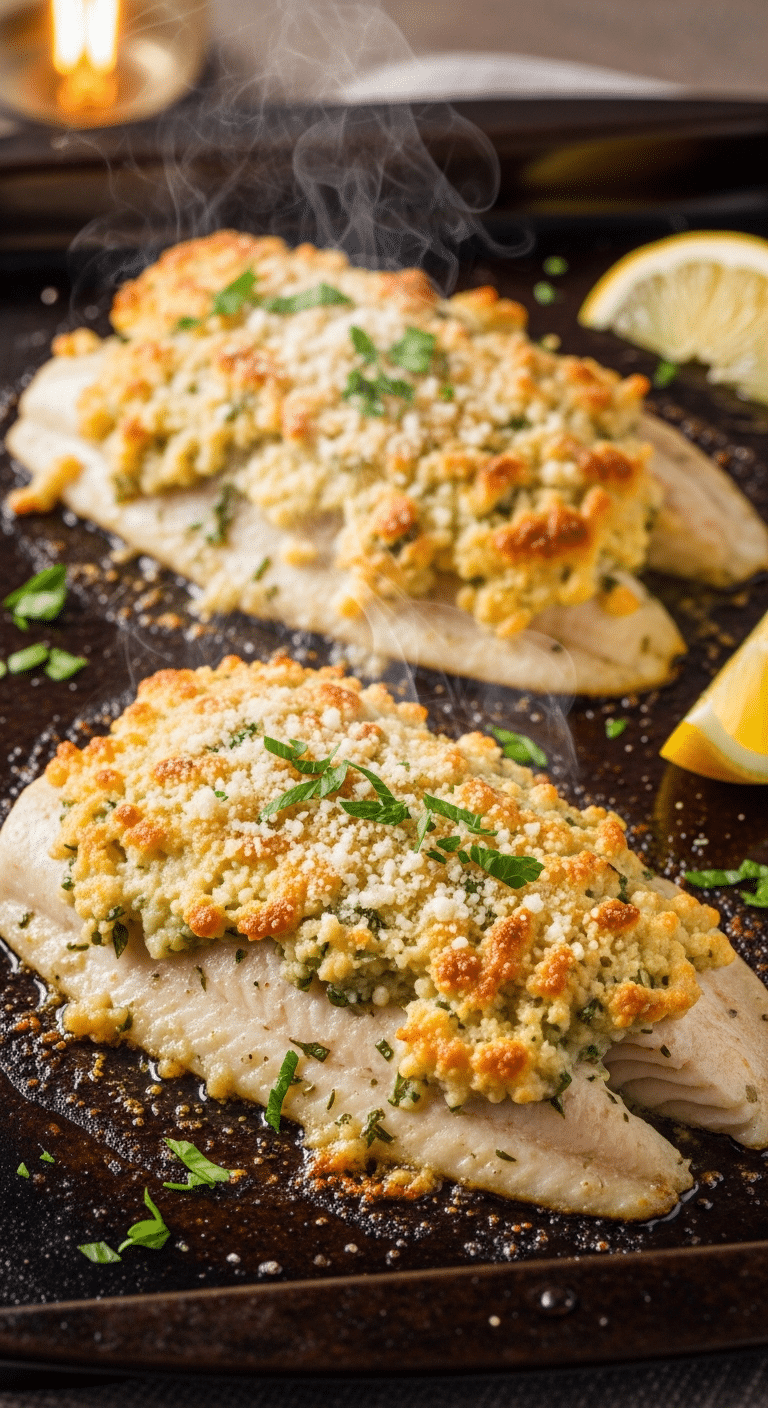 Close-up of Broiled Tilapia Parmesan fillets on a baking sheet with a bubbly, golden-brown cheese crust.