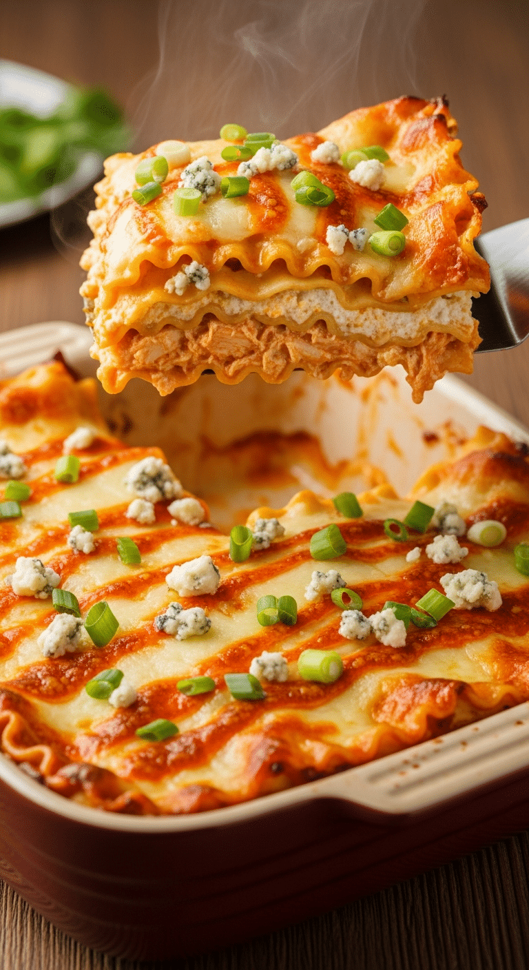 A hot Buffalo Chicken Lasagna in a baking dish, with a large slice being lifted by a spatula to show the layers of pasta, creamy buffalo chicken filling, and melted cheese, garnished with bleu cheese and green onions.