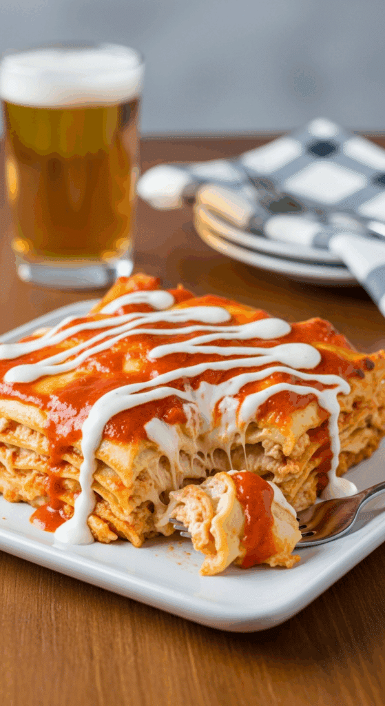 A plated serving of buffalo chicken lasagna drizzled with ranch and hot sauce, with a fork taking a bite, set in a casual dining atmosphere.