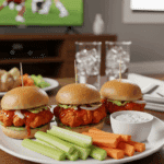 A plate of three buffalo chicken sliders served with celery and blue cheese dip on a coffee table, with a sports game on TV in the background.