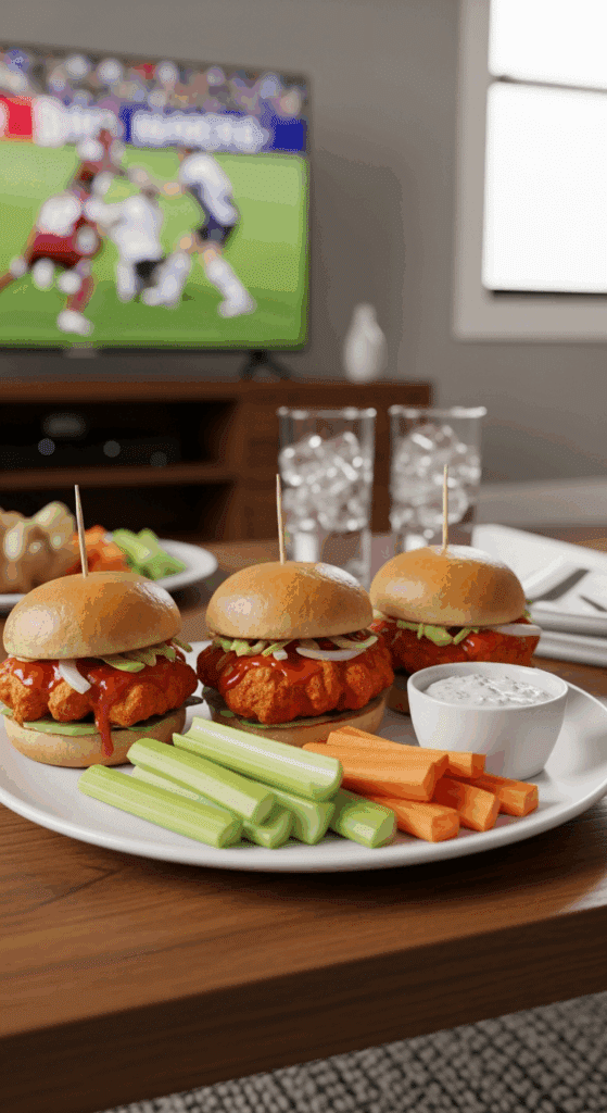 A plate of three buffalo chicken sliders served with celery and blue cheese dip on a coffee table, with a sports game on TV in the background.
