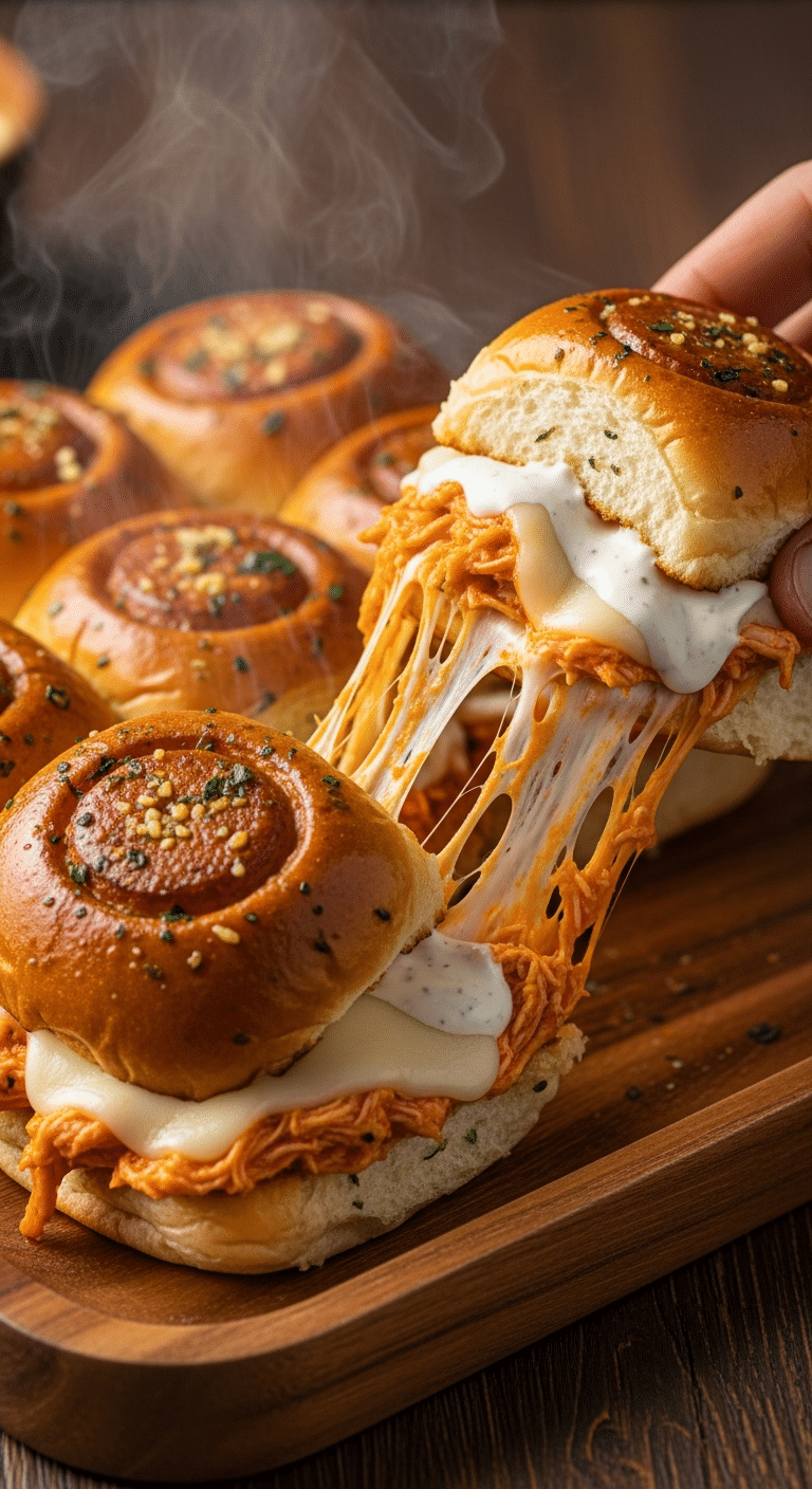A close-up photograph of a batch of golden-brown buffalo chicken sliders, with one being pulled away to show stringy melted cheese and saucy chicken filling.