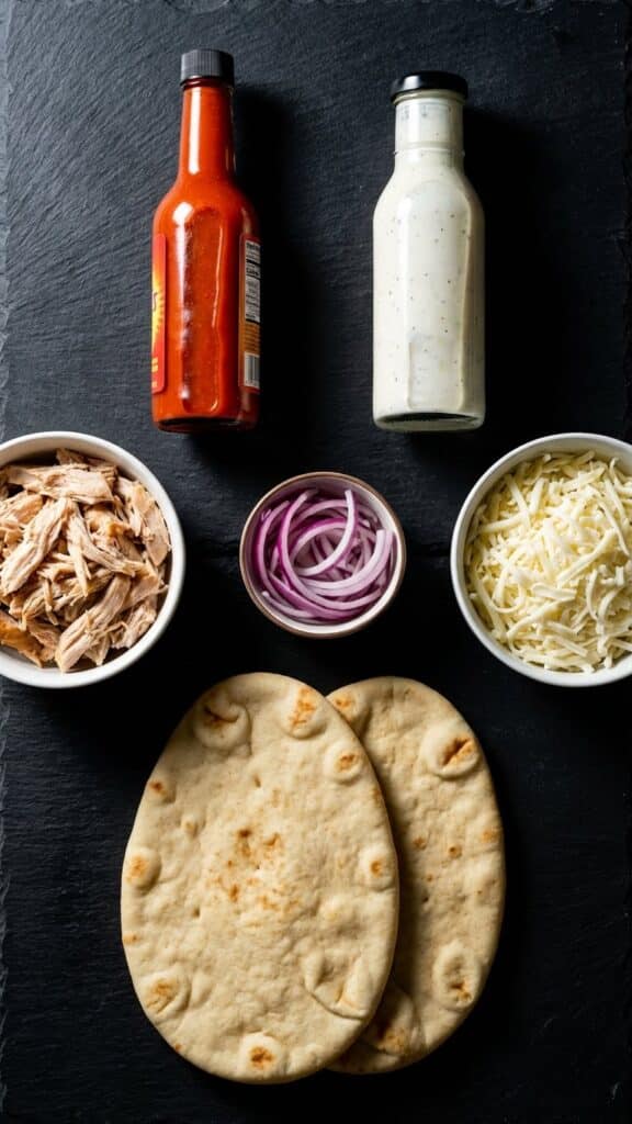 Flat lay of ingredients for buffalo chicken flatbread including naan, hot sauce, and ranch.