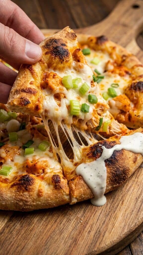 Close-up of a slice of buffalo chicken flatbread with a cheese pull.