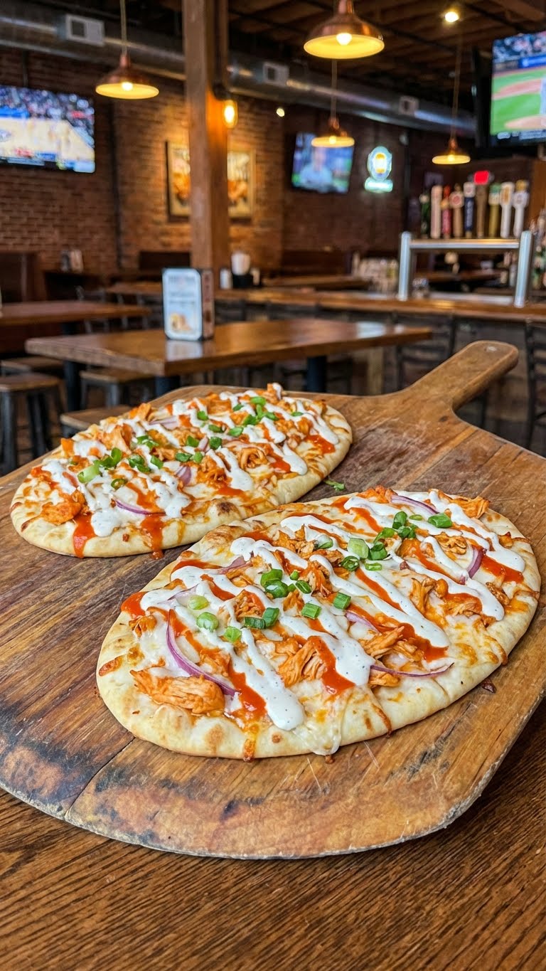 Buffalo chicken flatbread pizza drizzled with ranch dressing and buffalo sauce.