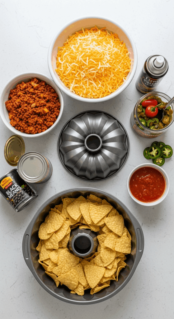 Overhead view of ingredients for bundt pan nachos: an empty bundt pan, tortilla chips, taco meat, shredded cheese, beans, and jalapeños on a counter.