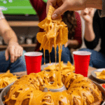 A hand pulling a cheesy cluster of chips from a bundt pan nacho ring at a football party, with friends and drinks in the background.
