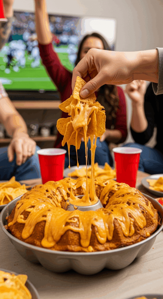 A hand pulling a cheesy cluster of chips from a bundt pan nacho ring at a football party, with friends and drinks in the background.