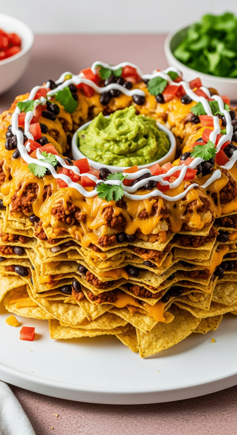 A tower of loaded nachos shaped like a bundt cake ring on a platter, with the center hole filled with guacamole and toppings on the sides.