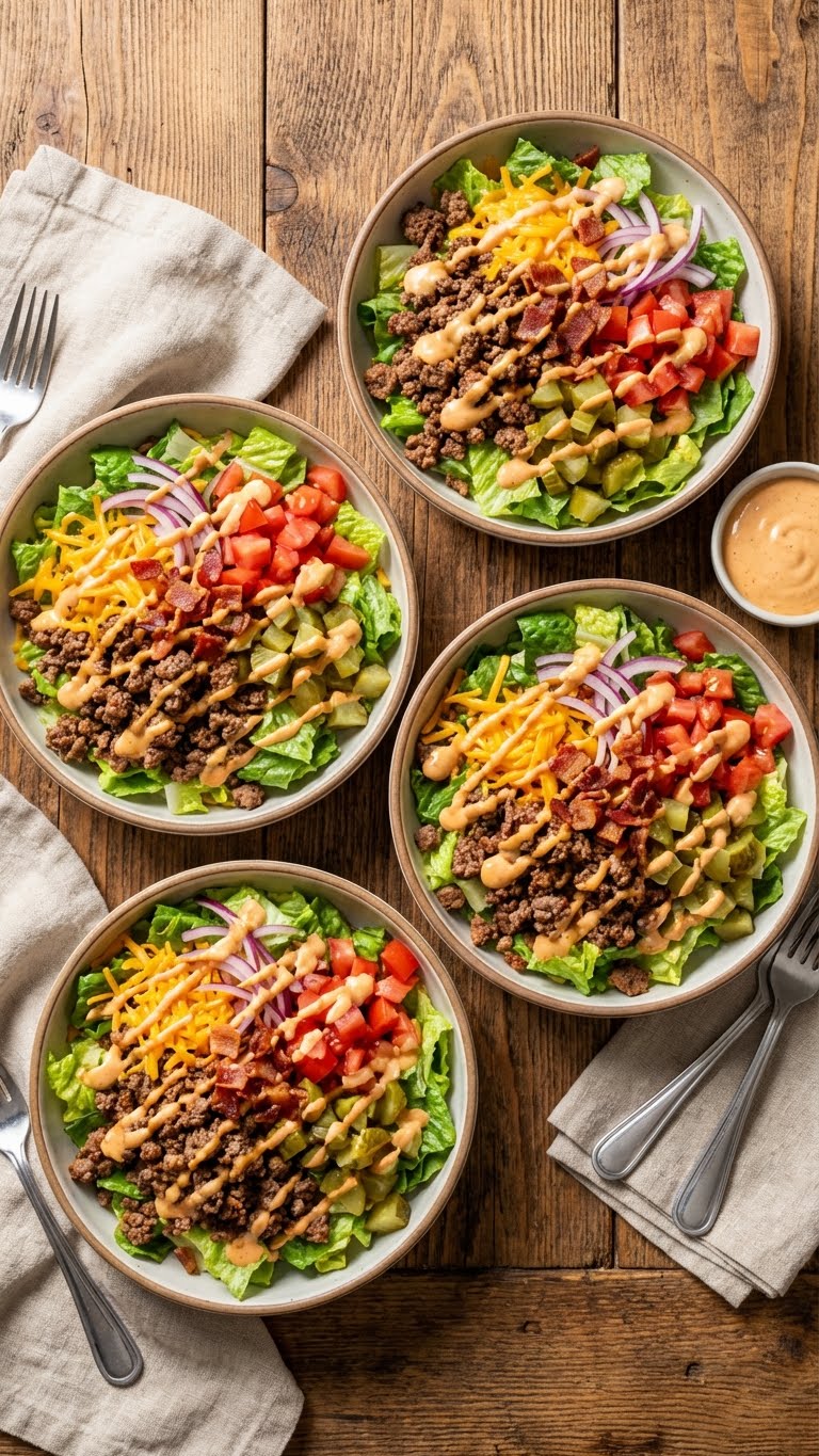 Overhead view of loaded burger bowls topped with ground beef, cheese, pickles, tomatoes, and special sauce.