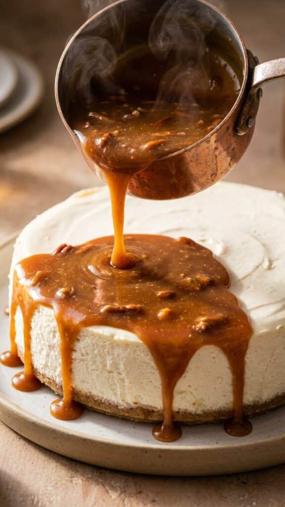 Pouring warm pecan praline sauce over a cheesecake.