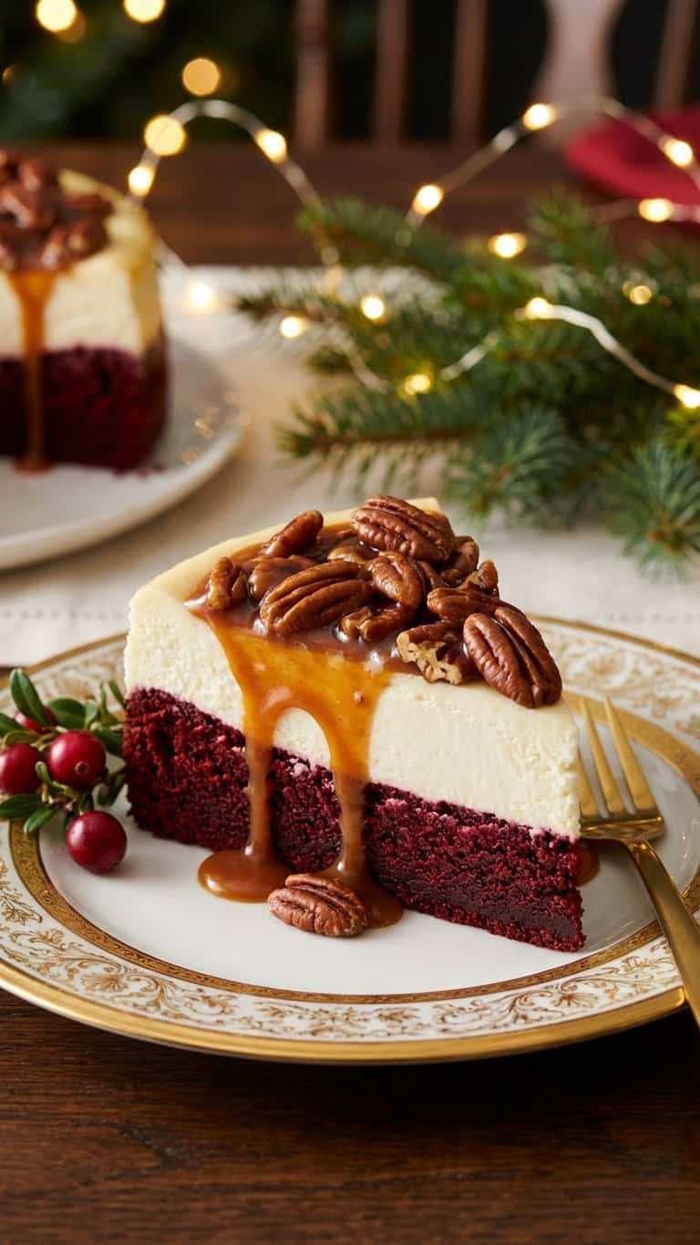 Slice of red velvet cheesecake with butter pecan praline topping.